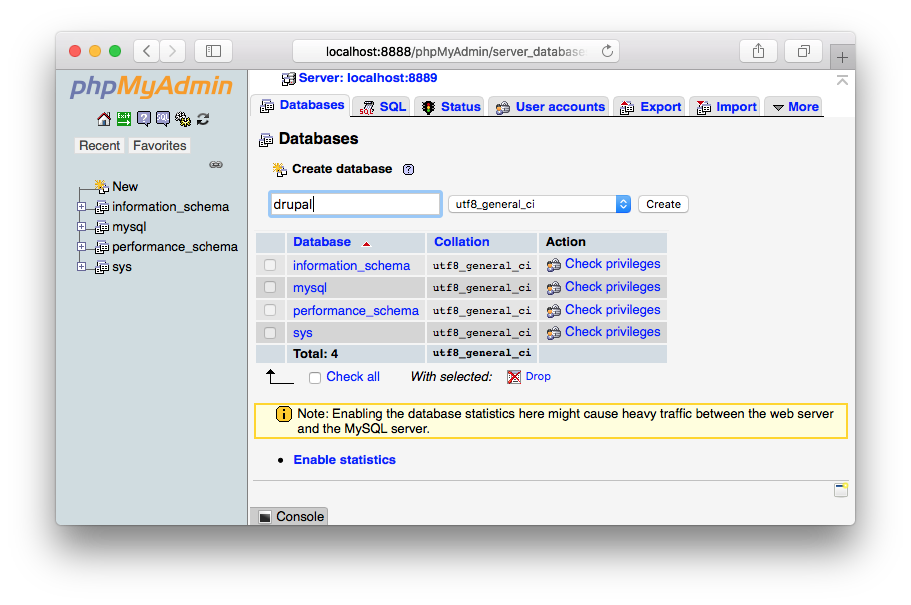 MAMP - phpMyAdmin - New Drupal database