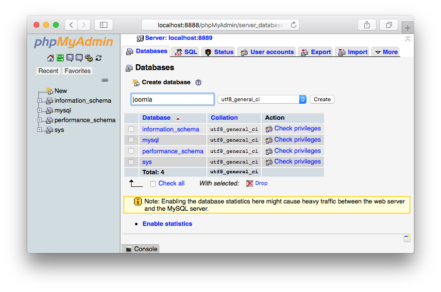 MAMP - phpMyAdmin - New Joomla database