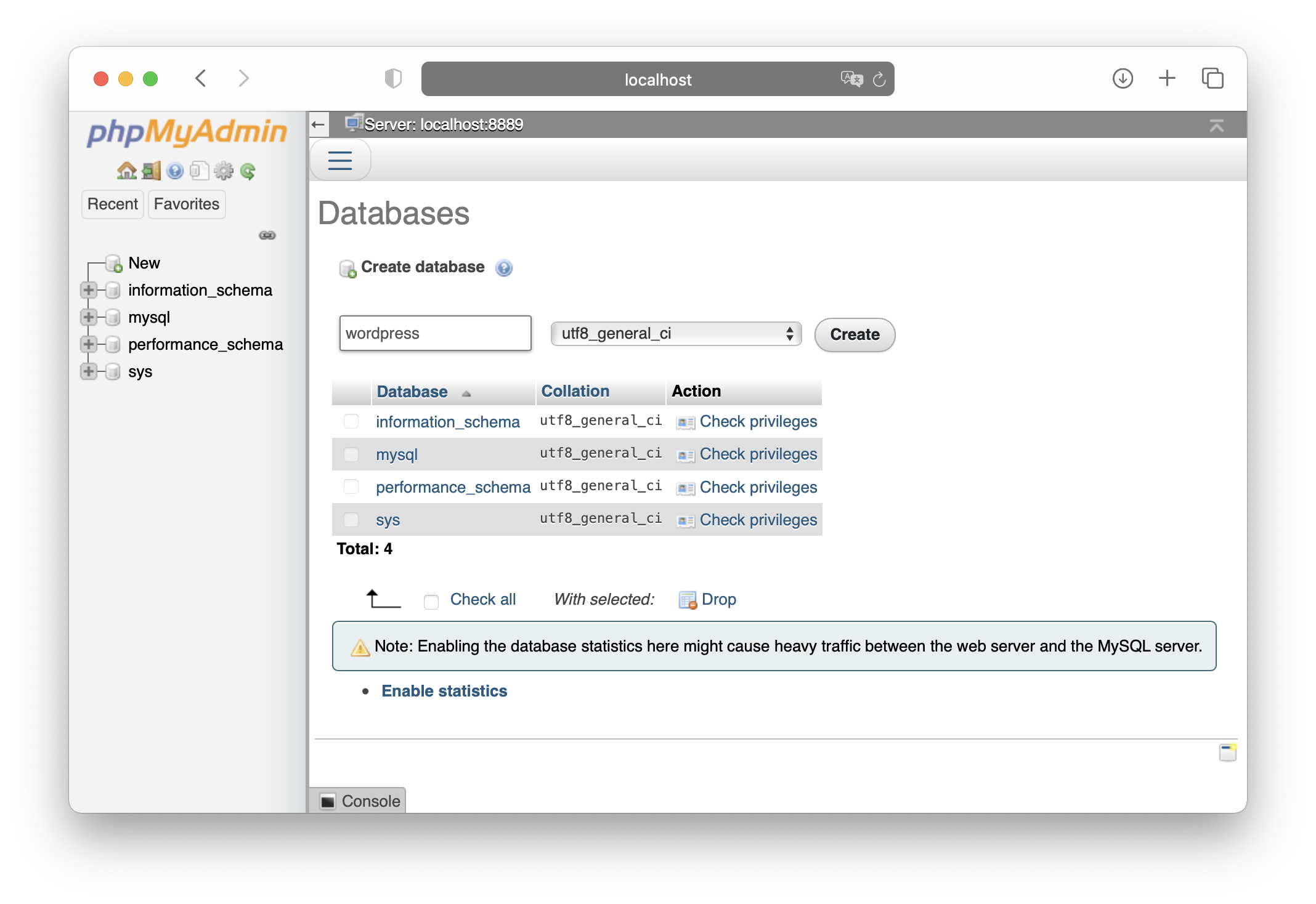 MAMP - phpMyAdmin - New WordPress database