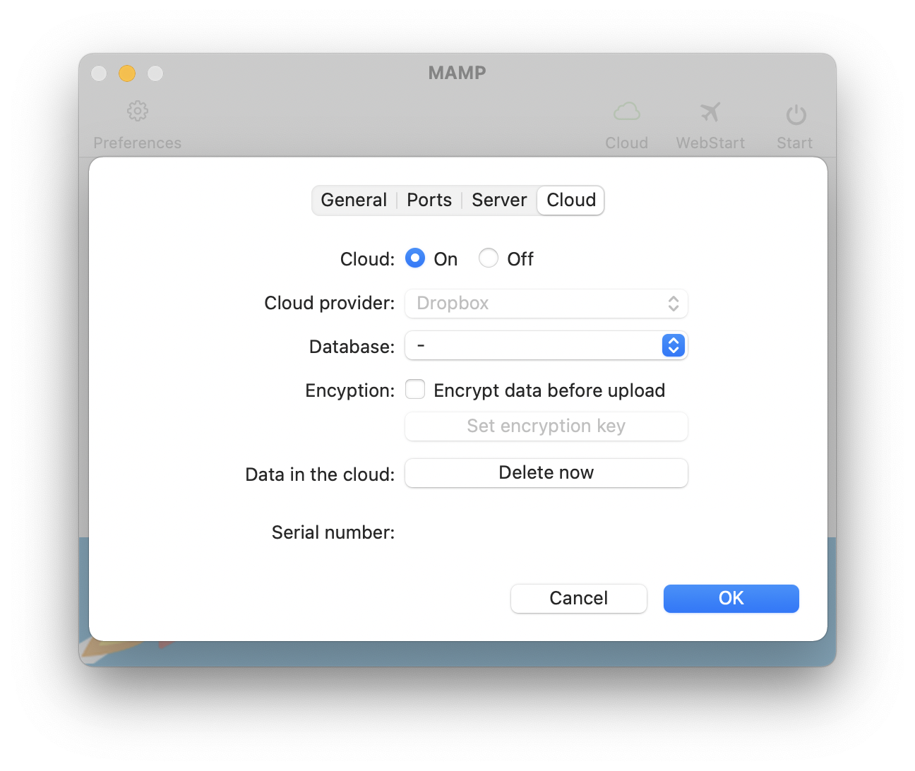 MAMP - Preferences - Cloud