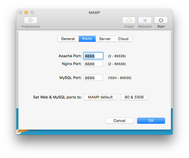MAMP - Preferences - Ports