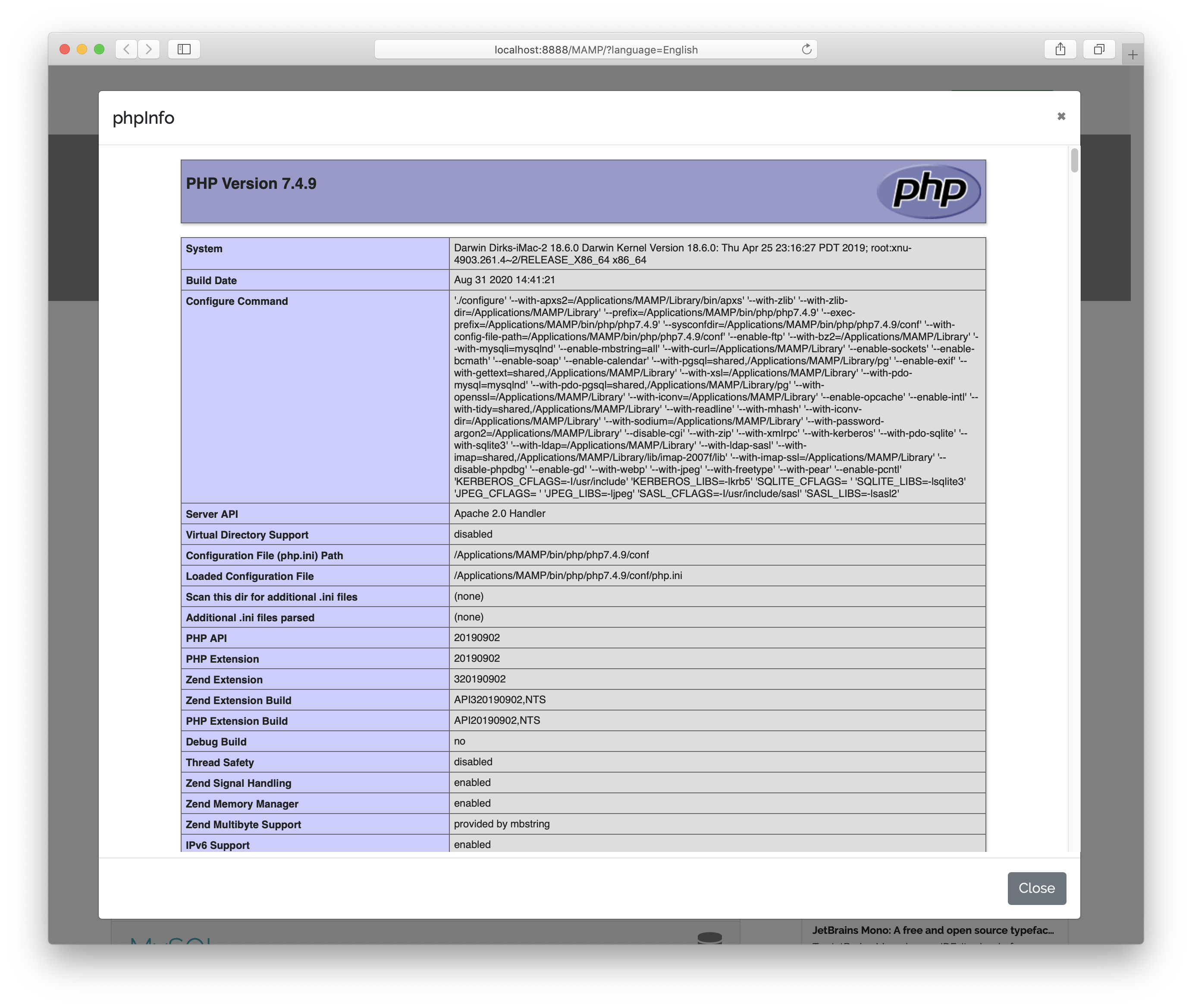 MAMP - WebStart - phpInfo