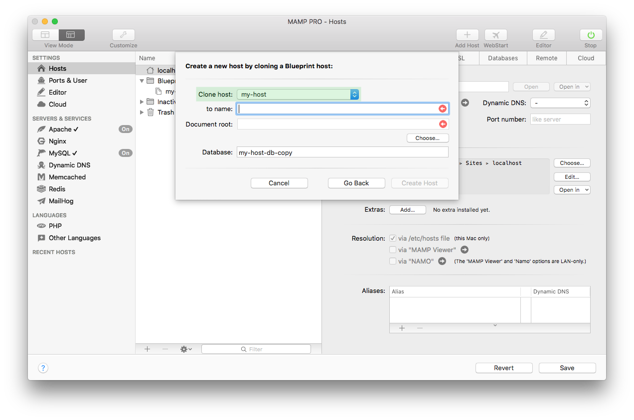 MAMP PRO - Create a new Blueprint host - Select Blueprint host