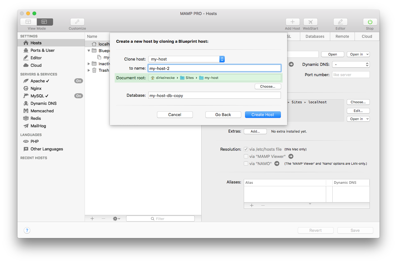 MAMP PRO - Create a new Blueprint host - Select document root