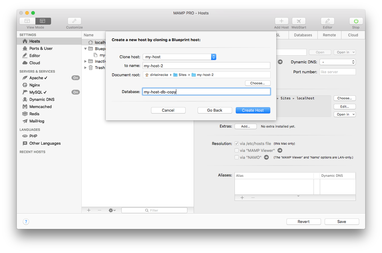 MAMP PRO - Create a new Blueprint host - Database name