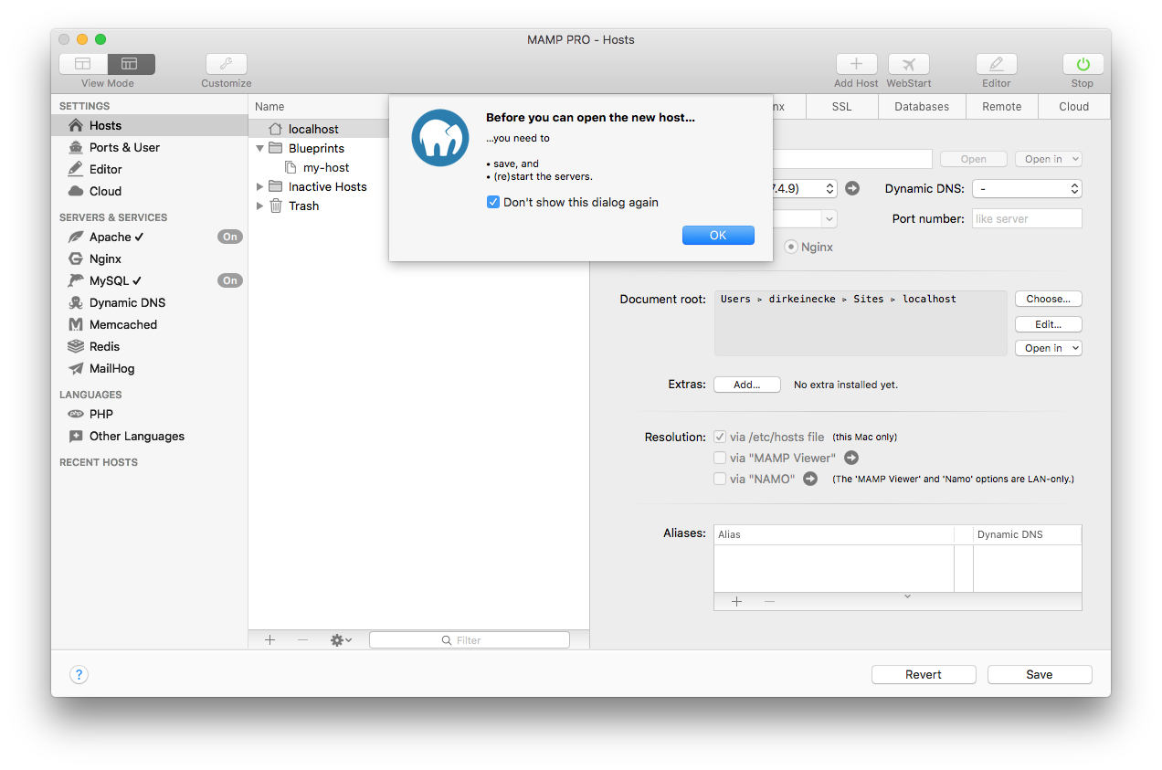 MAMP PRO - Create a new custom host - Before you can open the new host…