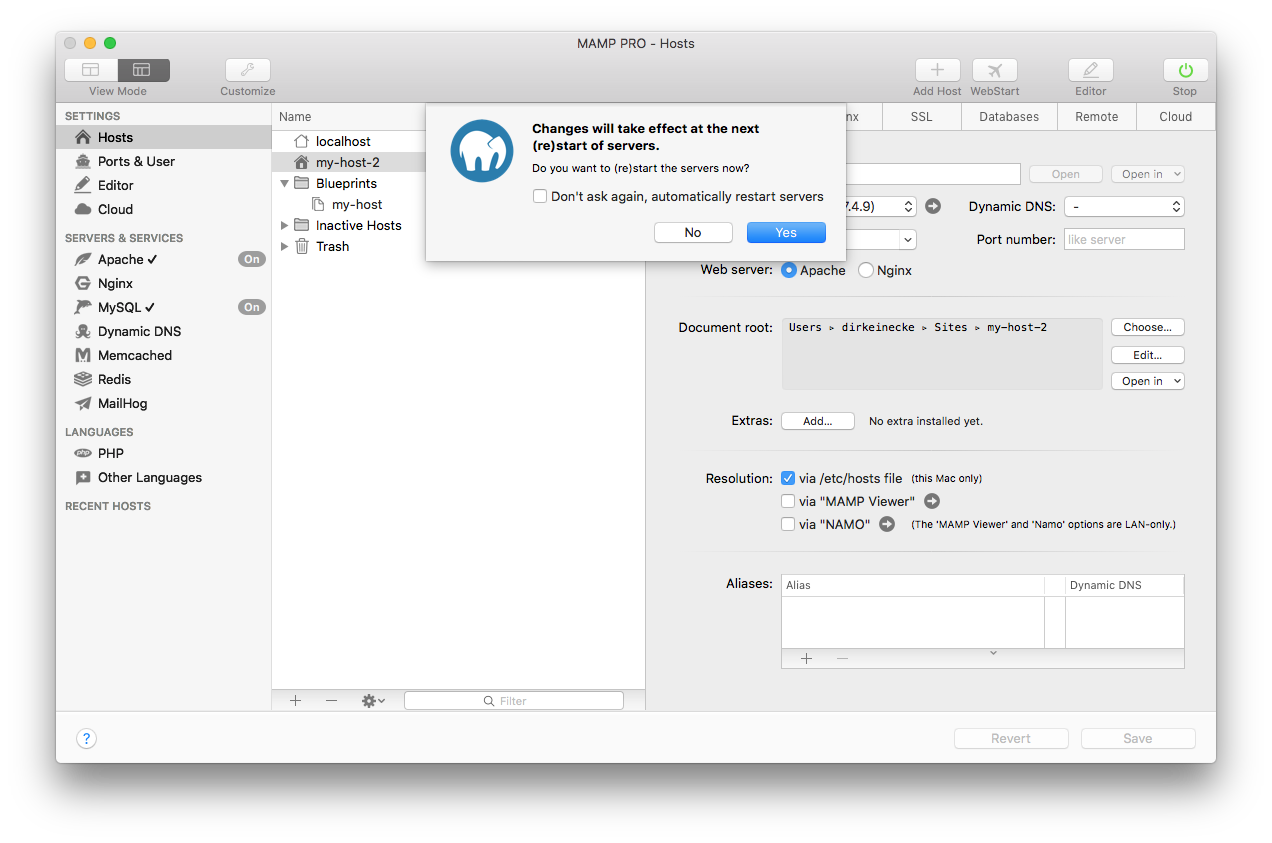 MAMP PRO - Create a new Blueprint host - Restart servers