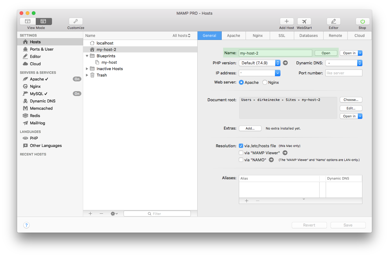 MAMP PRO - Create a new Blueprint host - Open host in browser