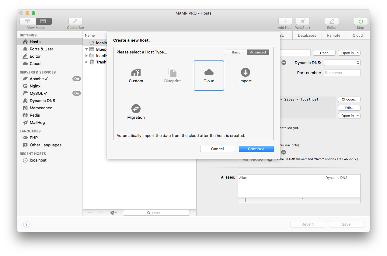 MAMP PRO - Create a new Cloud host