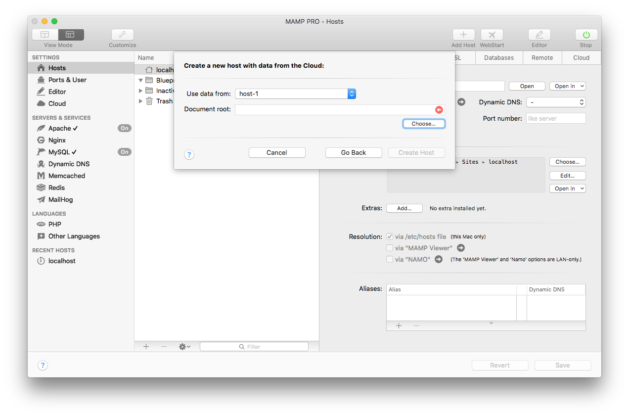 MAMP PRO - Create a new Cloud host - Select Cloud data