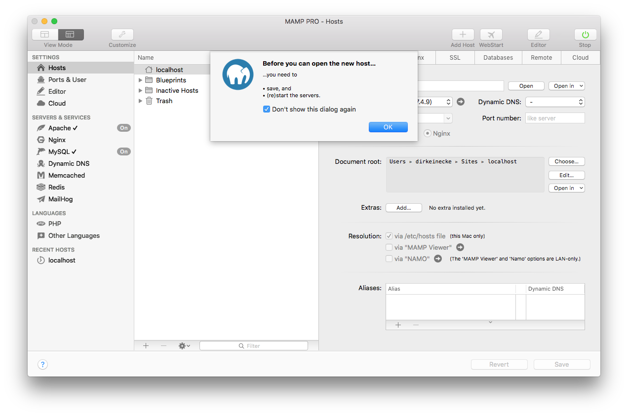 MAMP PRO - Create a new Cloud host - Before you can open the new host…