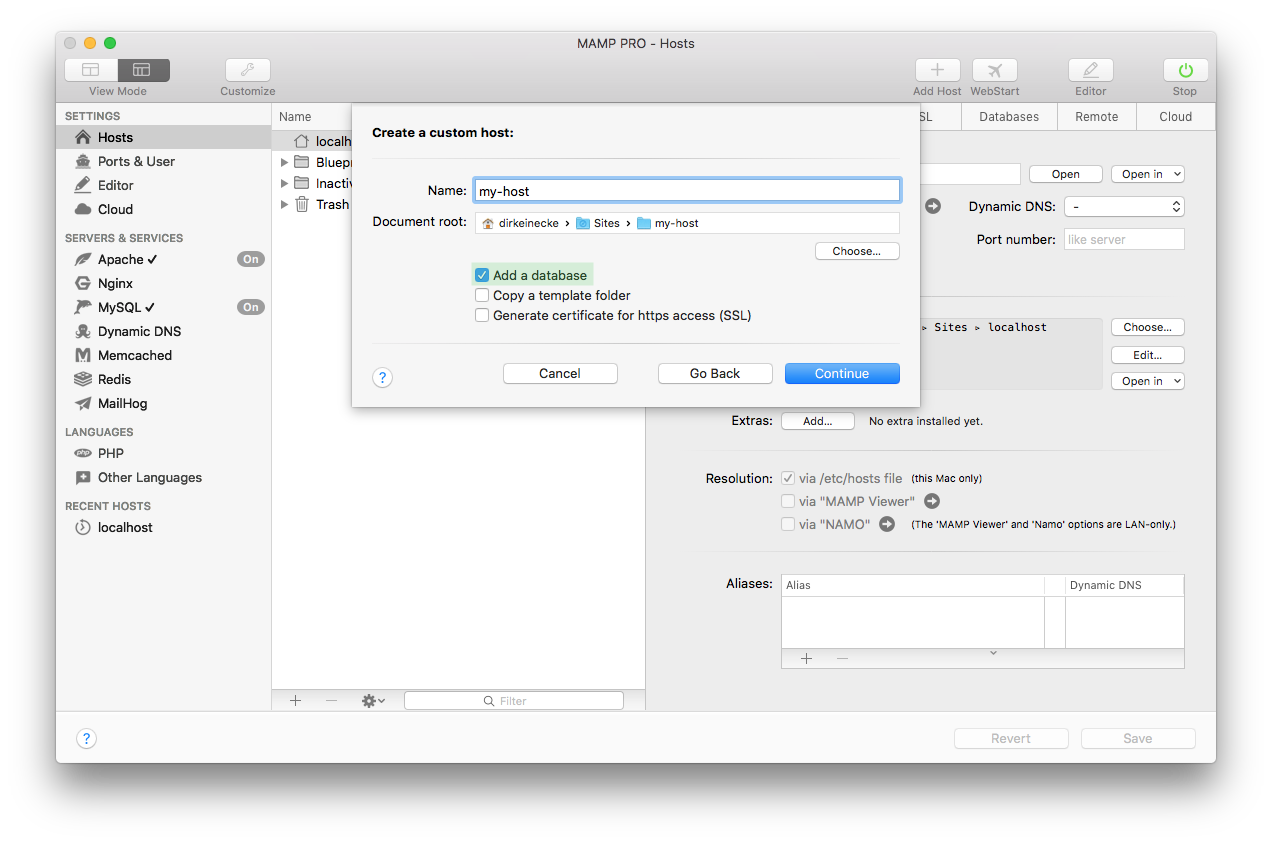 MAMP PRO - Create a new custom host - Add a database