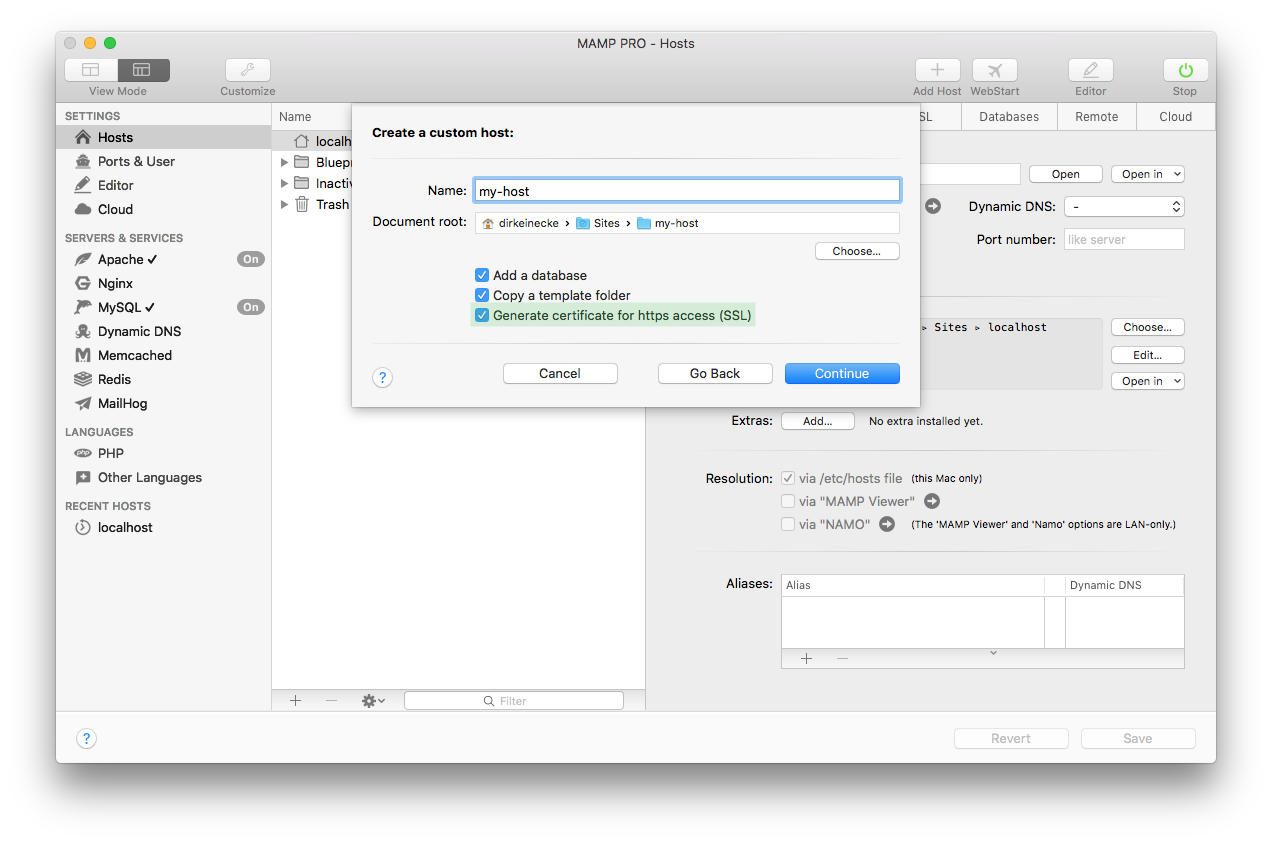 MAMP PRO - Create a new custom host - SSL