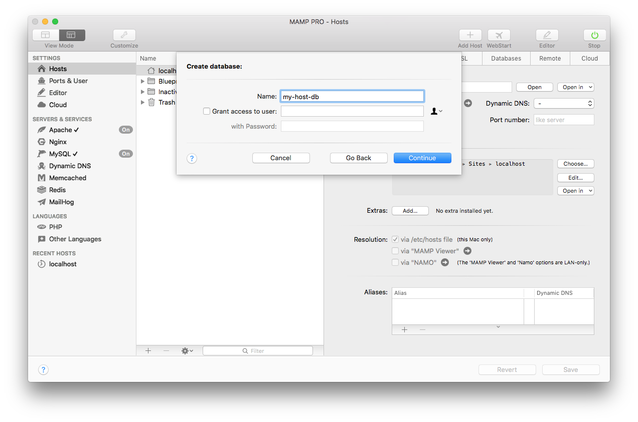MAMP PRO - Create a new custom host - Database