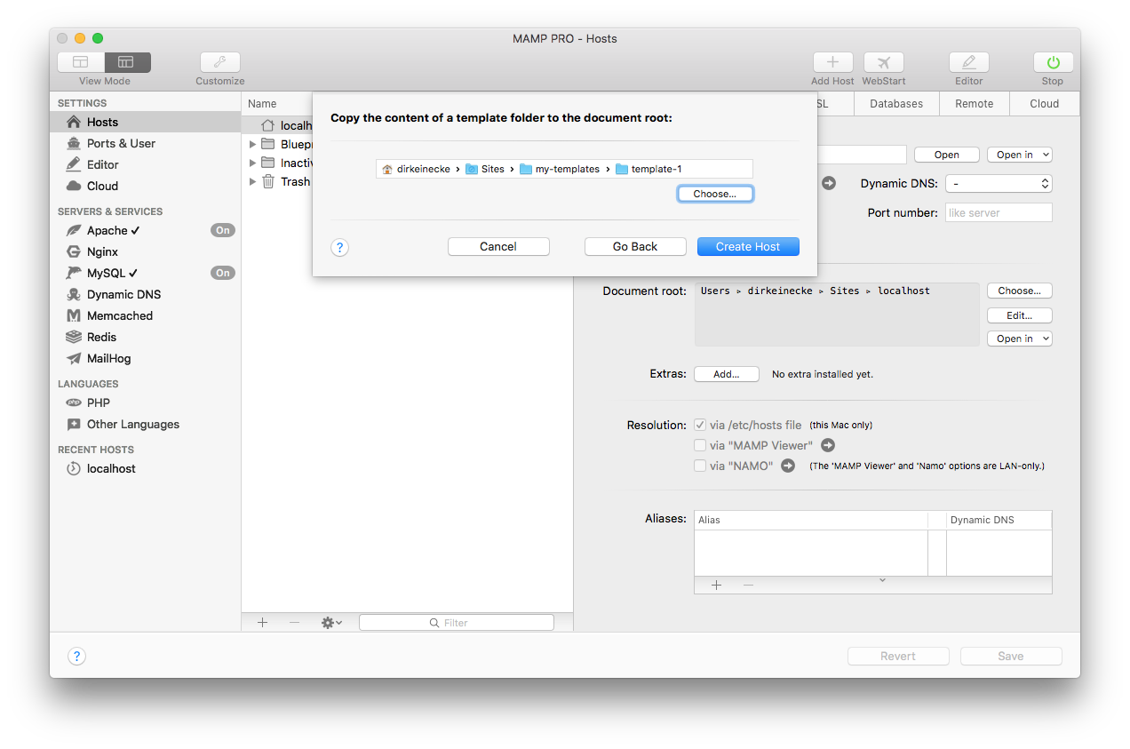 MAMP PRO - Create a new custom host - Select template folder