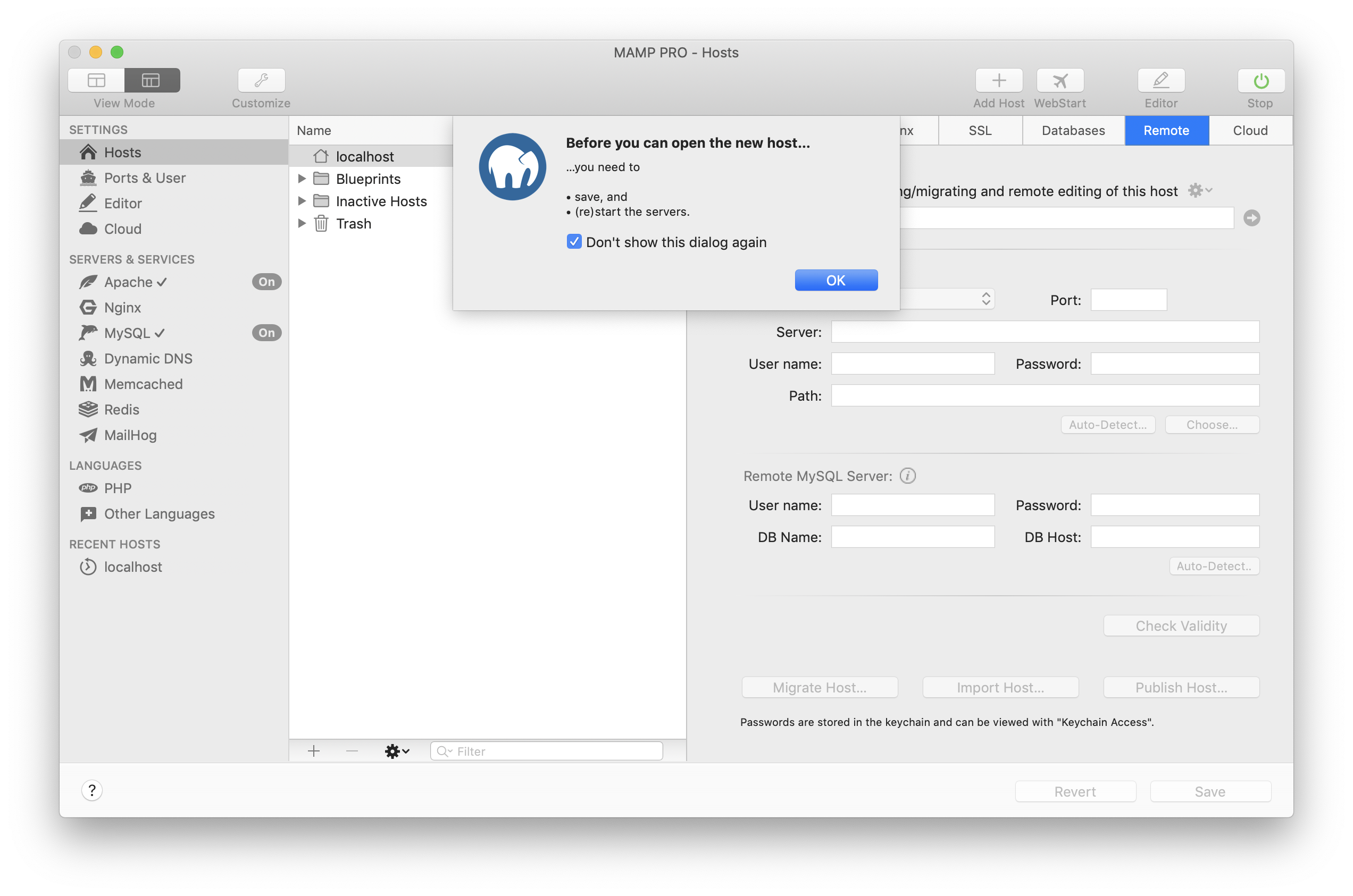 MAMP PRO - Create a new Import host - Remote data - Before you can open the new host...