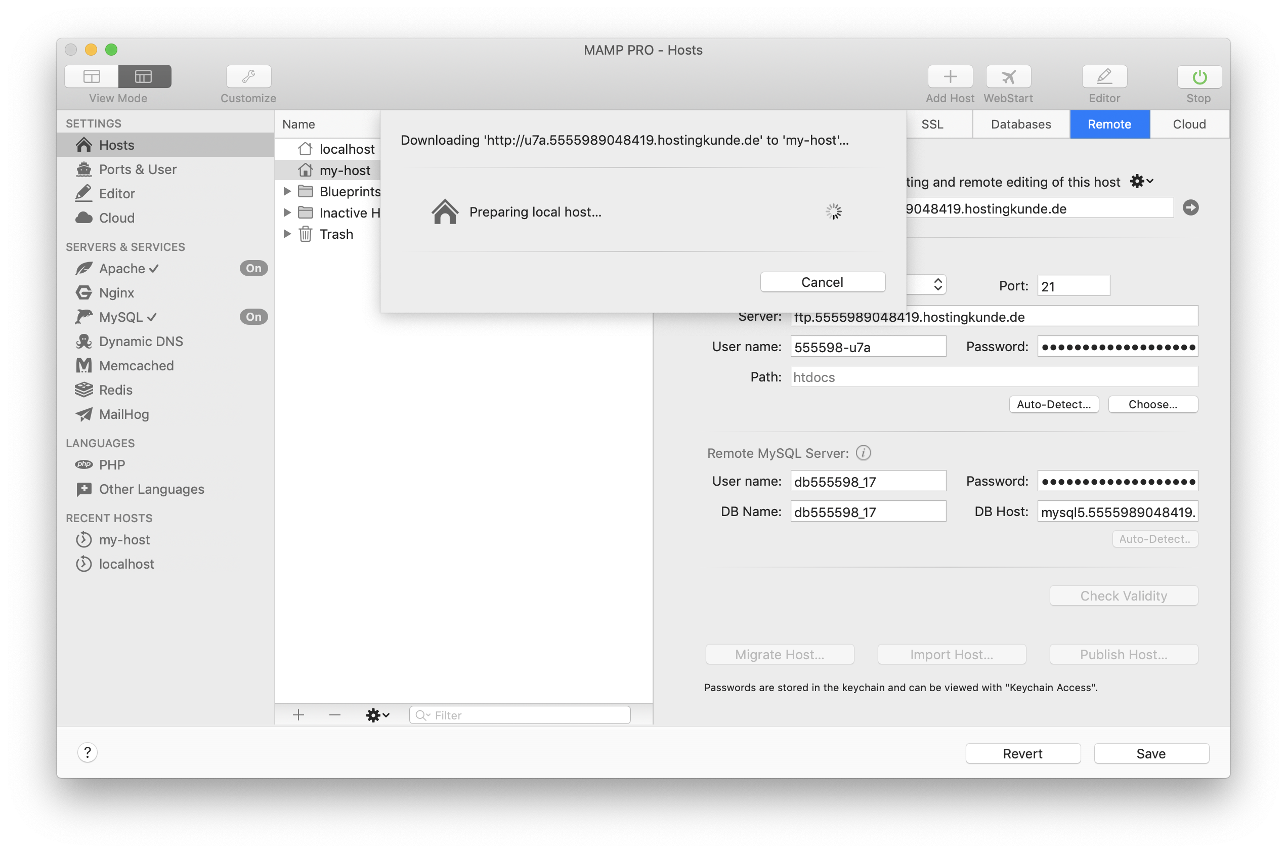 MAMP PRO - Create a new Import host - Remote data - Download