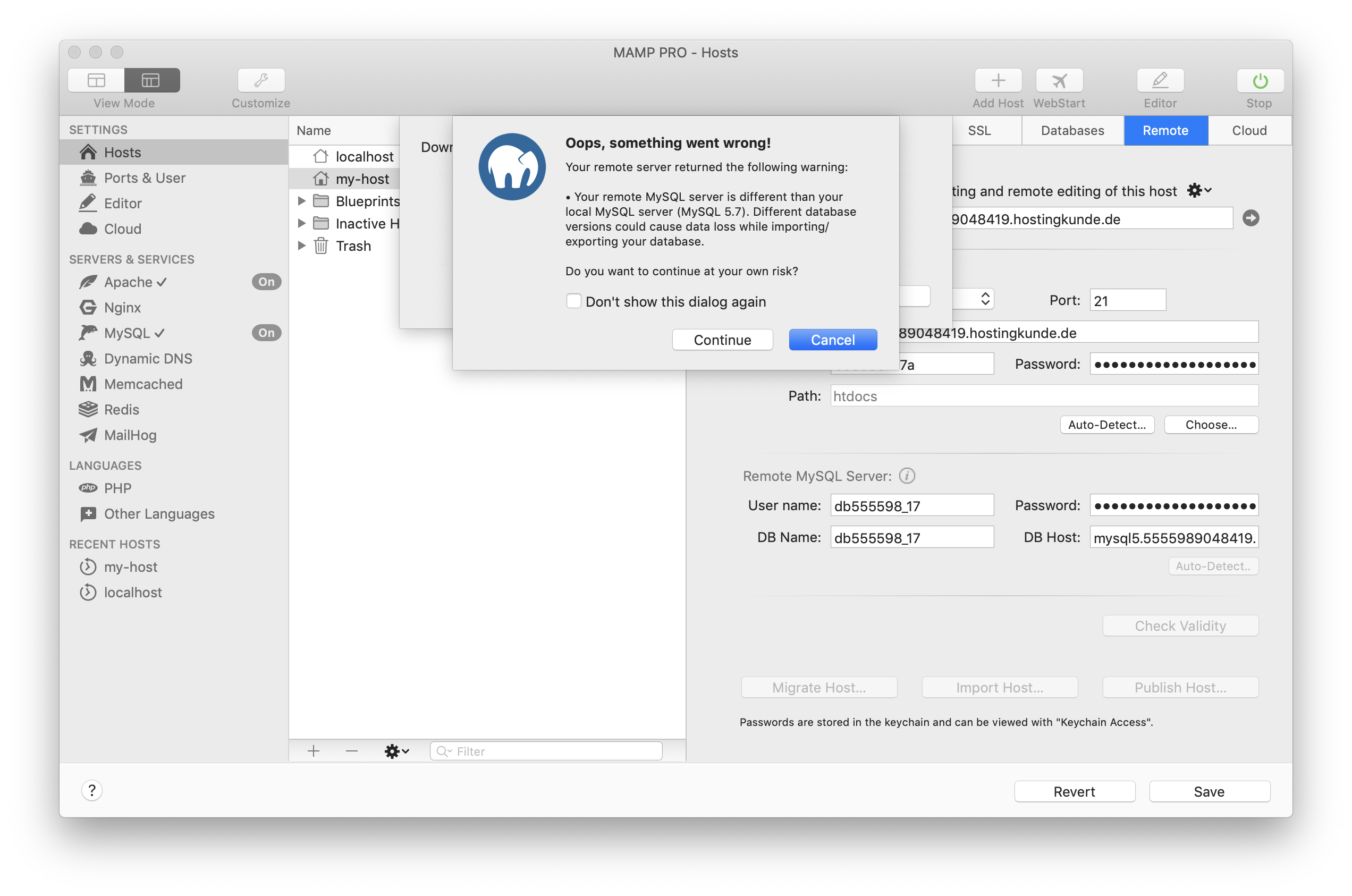 MAMP PRO - Create a new Import host - Remote data - Problem