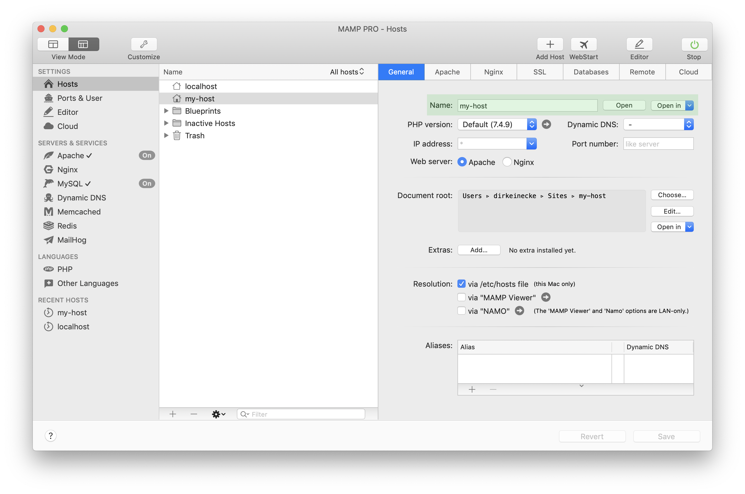 MAMP PRO - Create a new Import host - Open host in browser