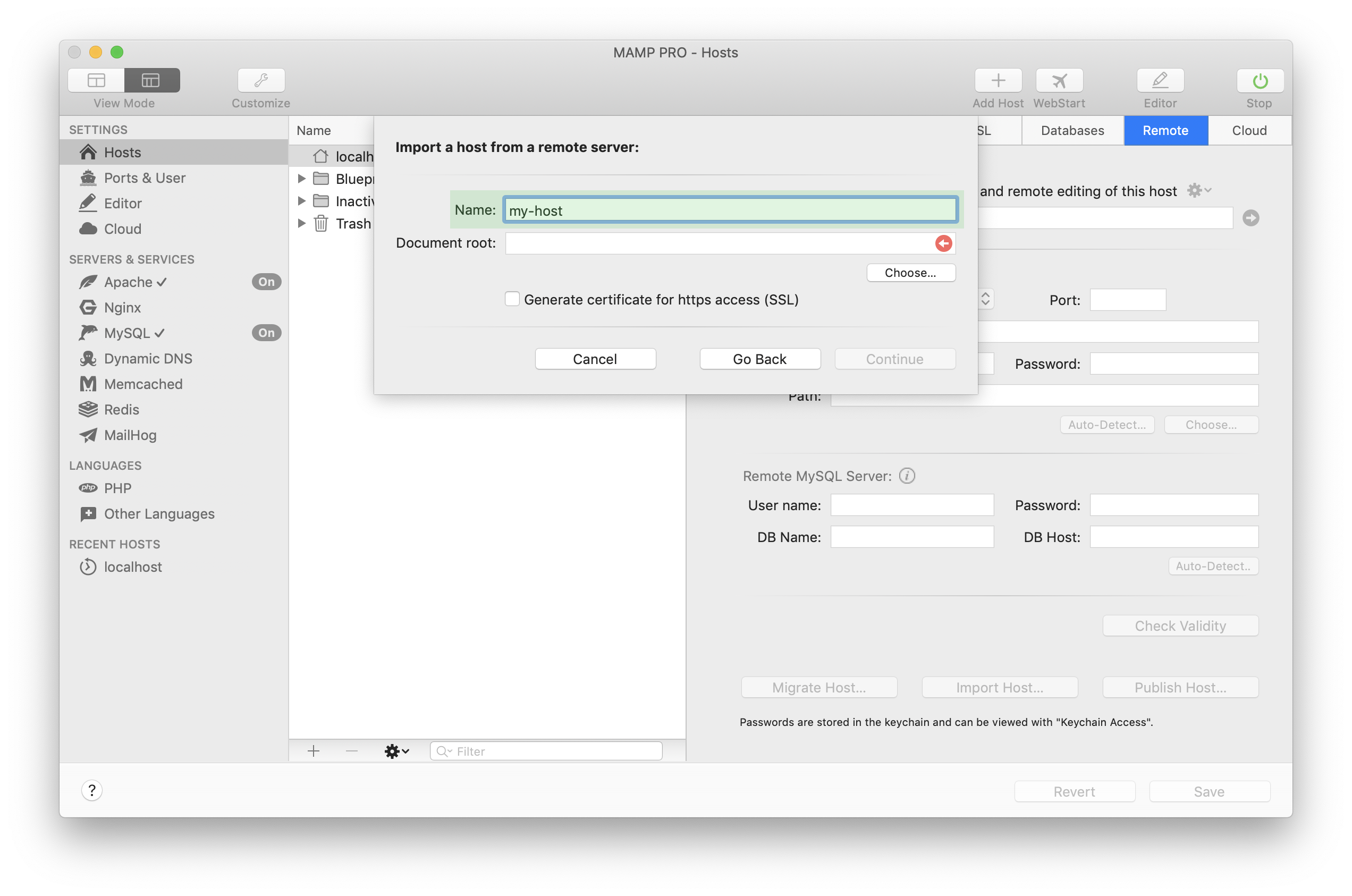 MAMP PRO - Create a new Import host - Enter the name