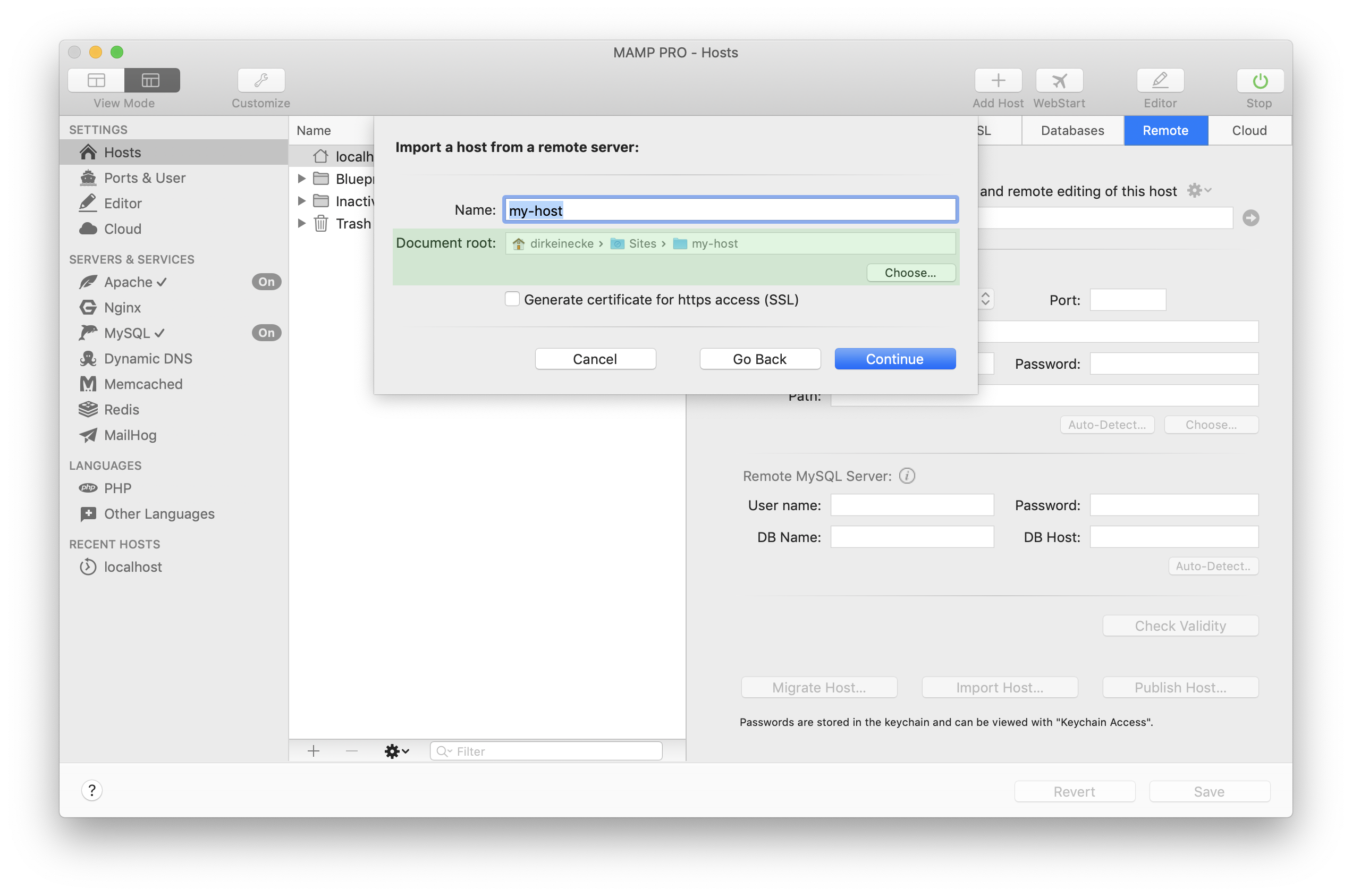MAMP PRO - Create a new Import host - Select document root