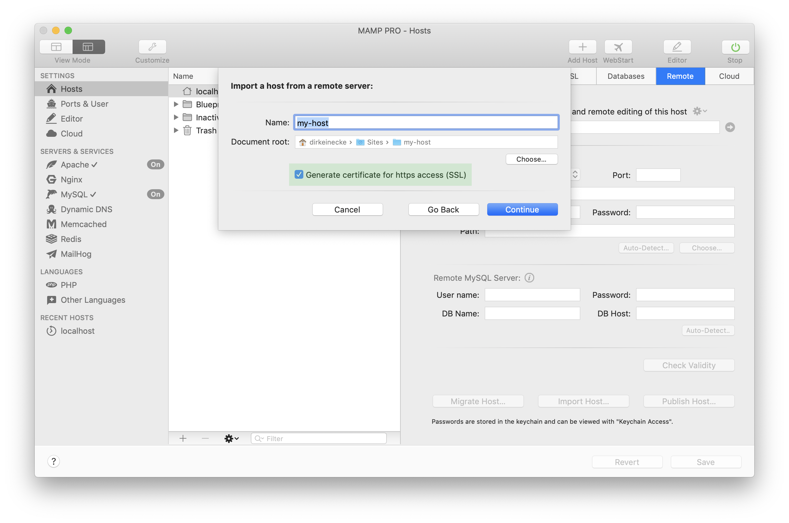 MAMP PRO - Create a new Import host - SSL
