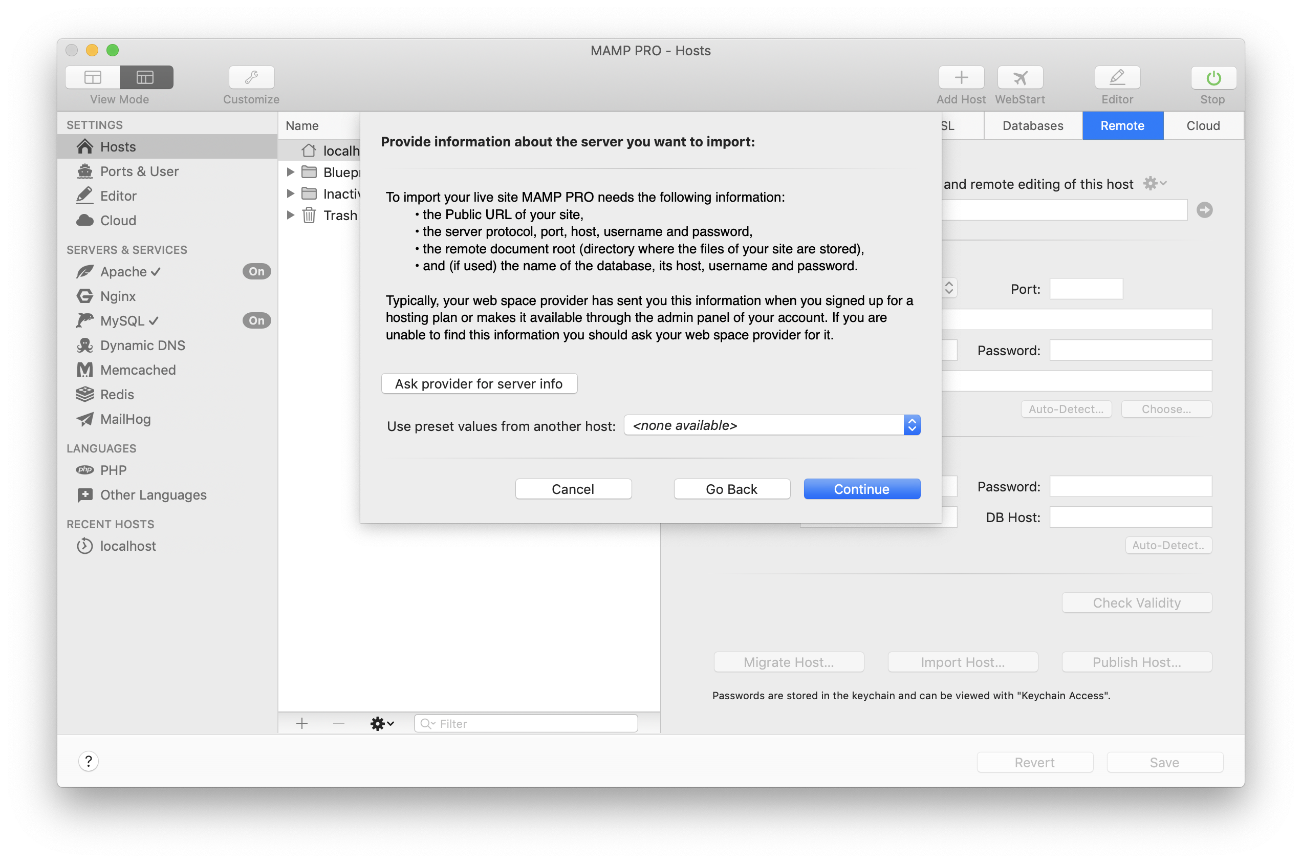 MAMP PRO - Create a new Import host - Information about remote data