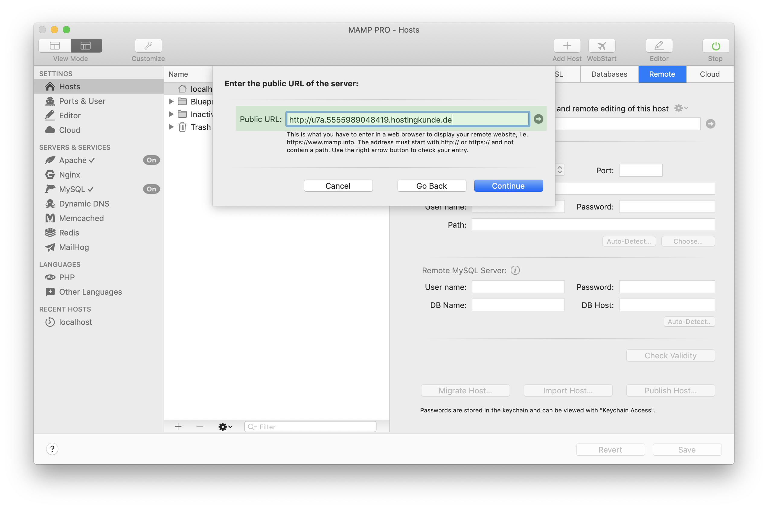 MAMP PRO - Create a new Import host - Remote data - Public URL