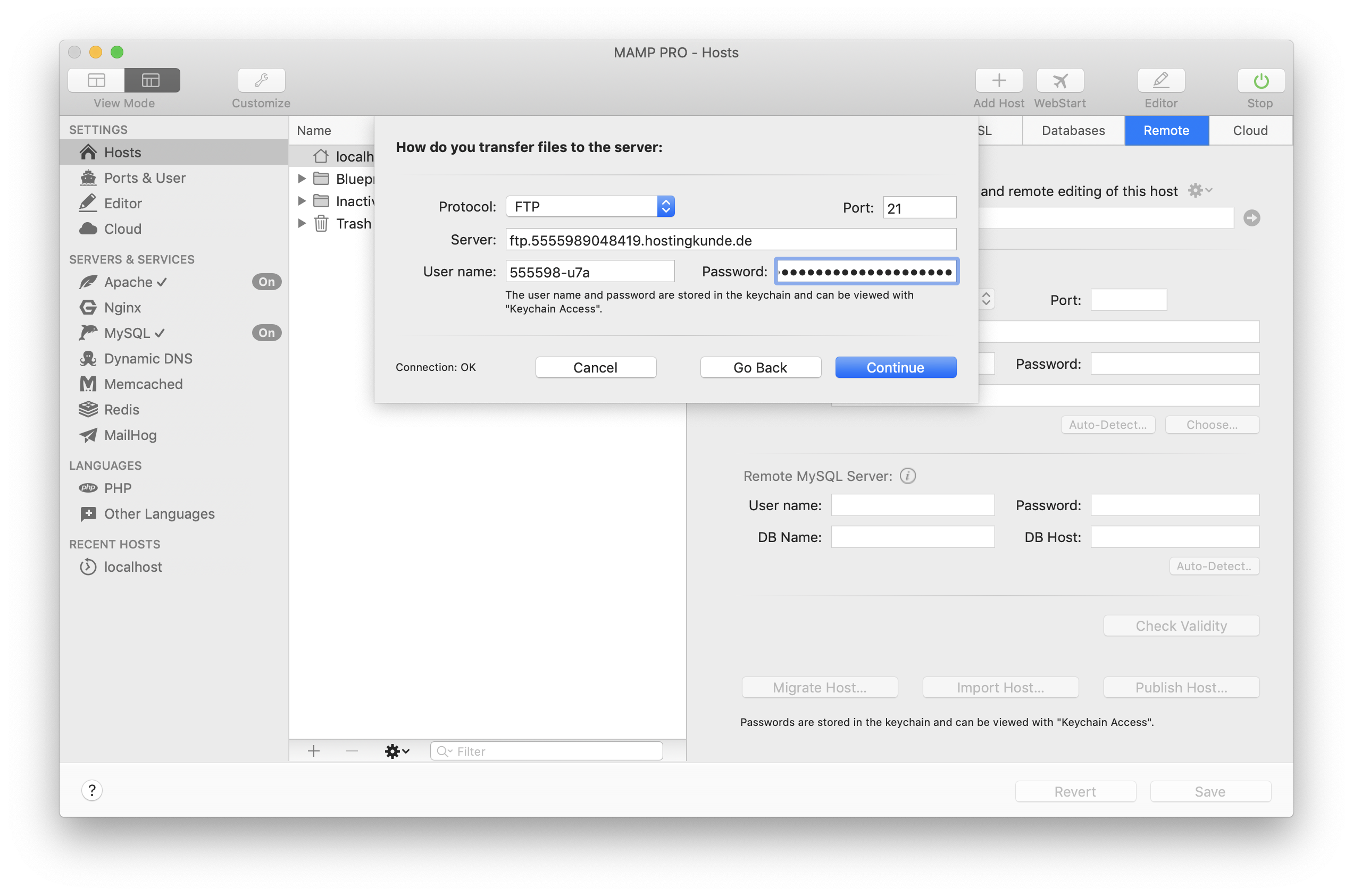 MAMP PRO - Create a new Import host - Remote data - FTP data