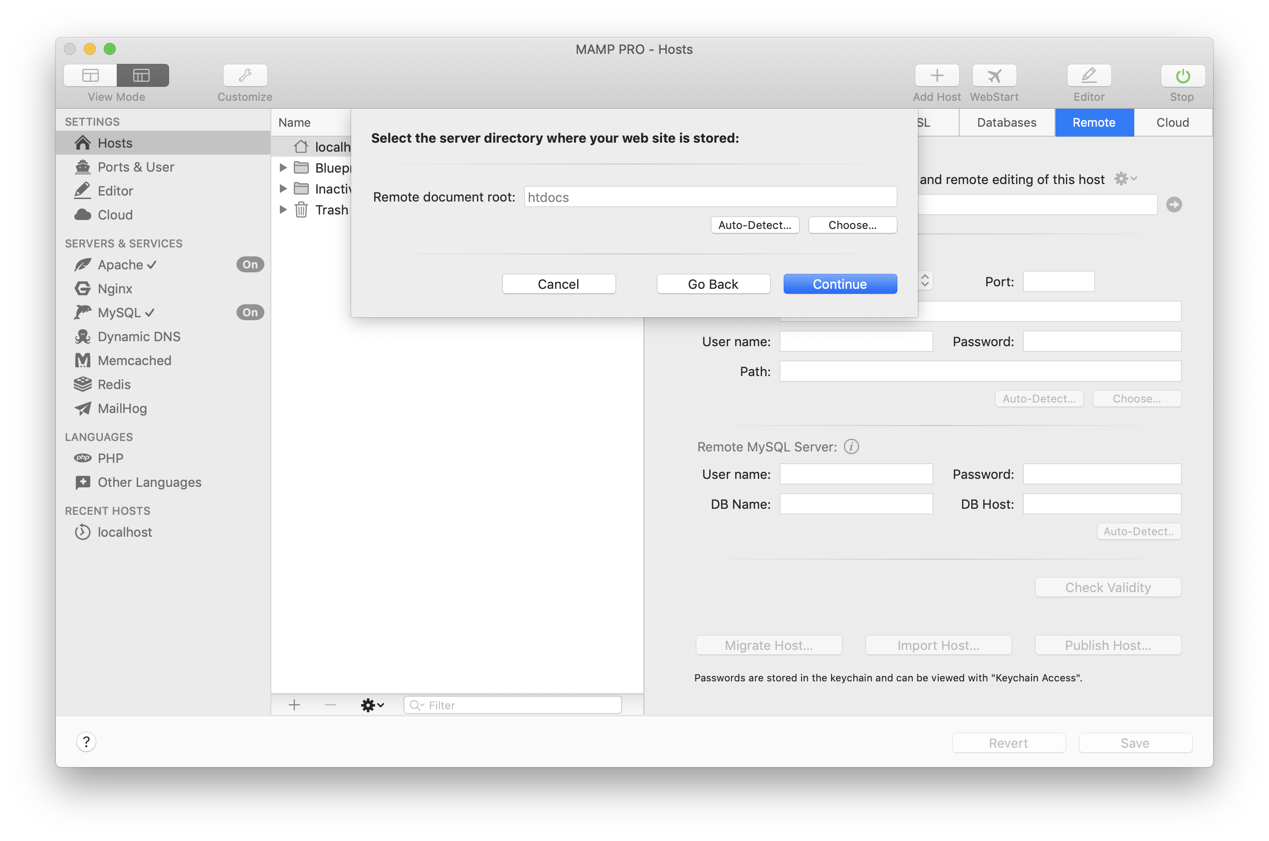 MAMP PRO - Create a new Import host - Remote data - Document Root