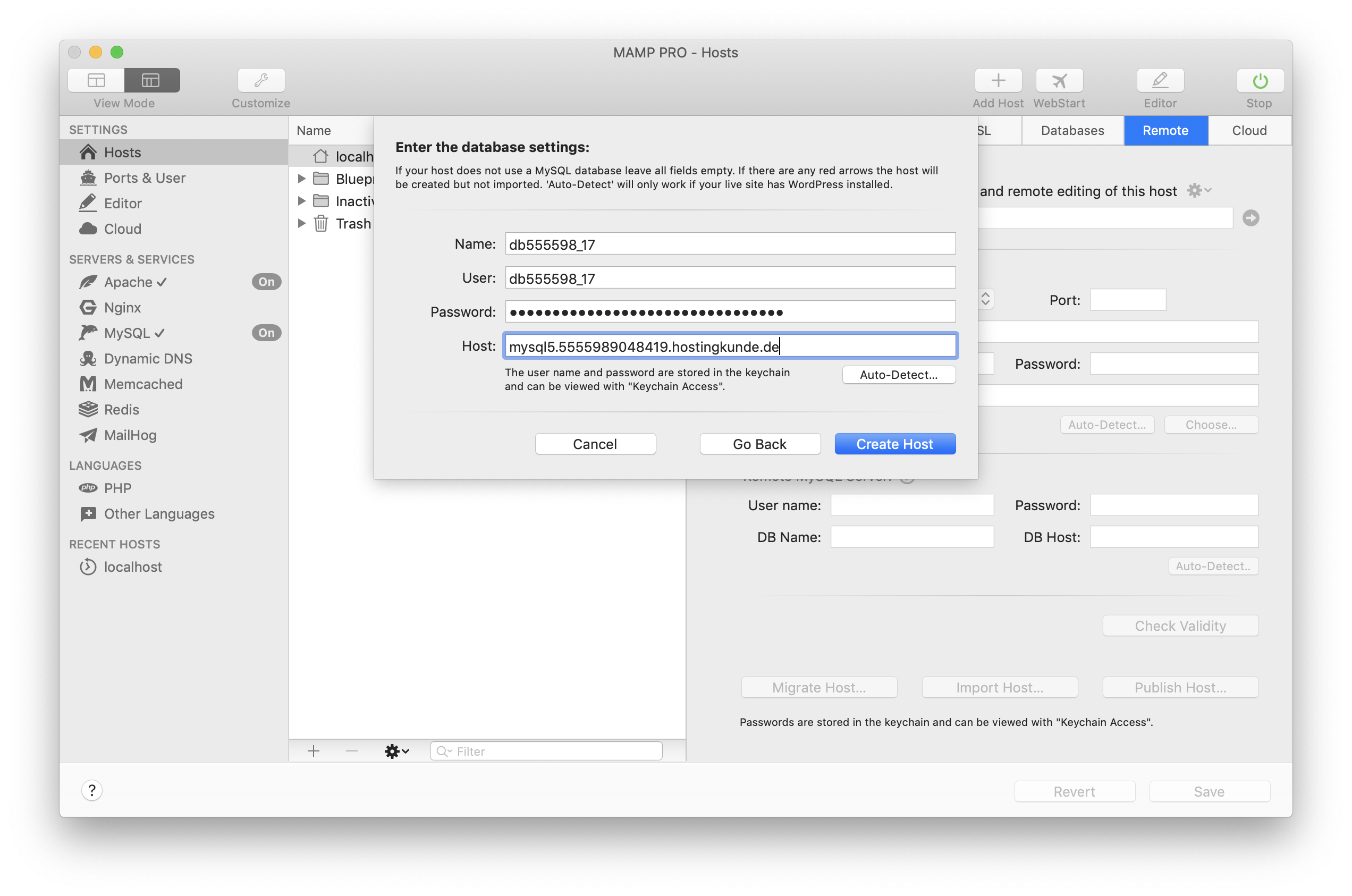 MAMP PRO - Create a new Import host - Remote data - Database settings