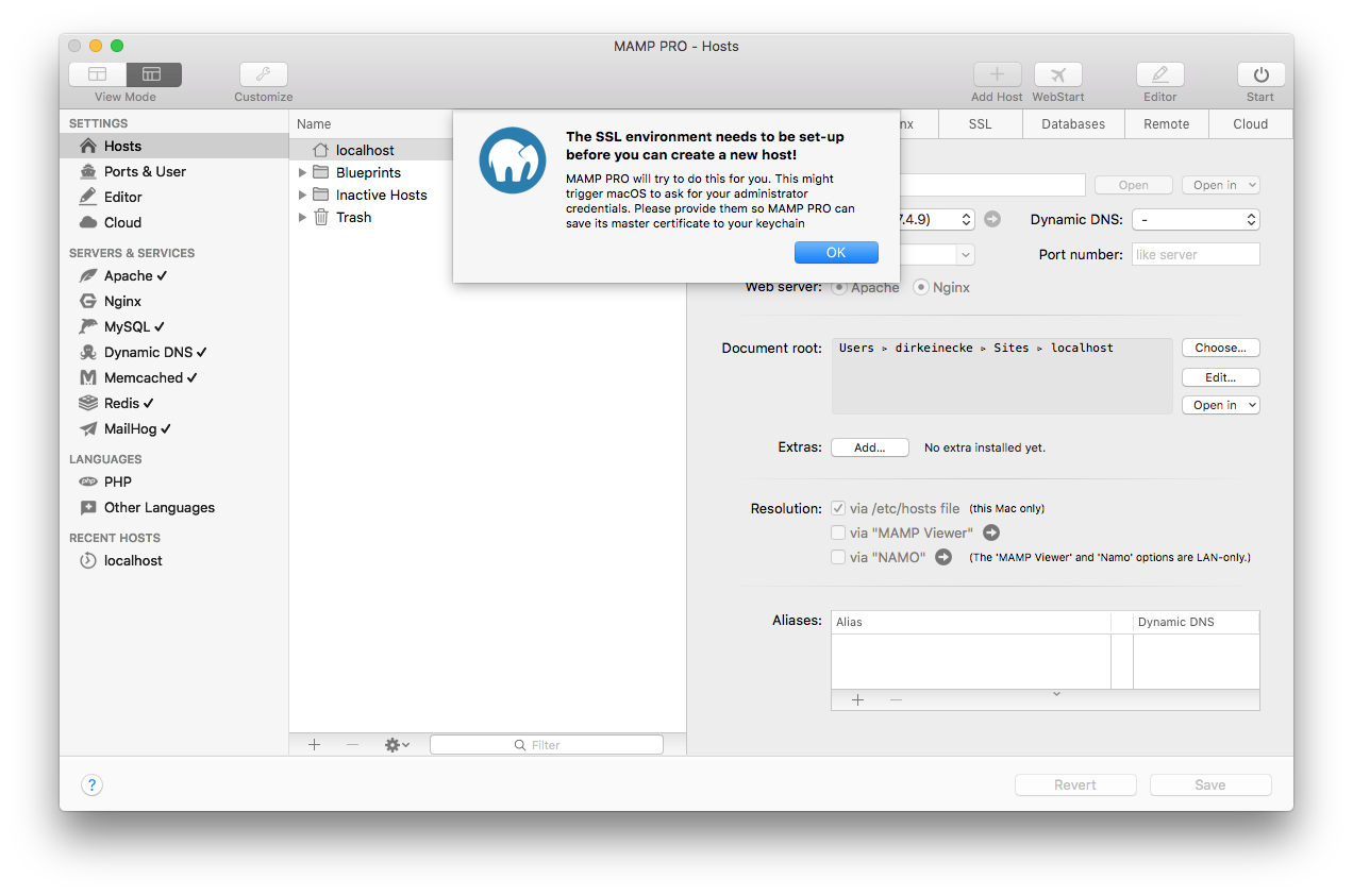 MAMP PRO - The SSL environment needs to be set-up!