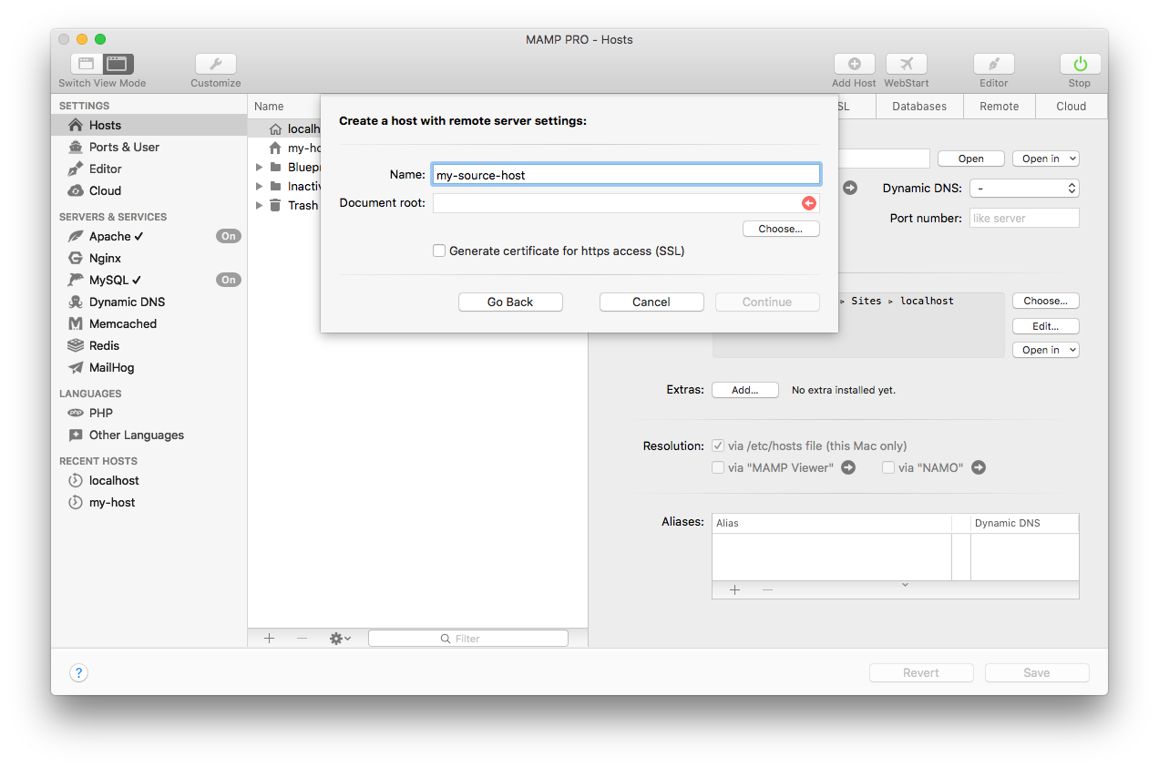 MAMP PRO - Create a new Migration host - Enter the name