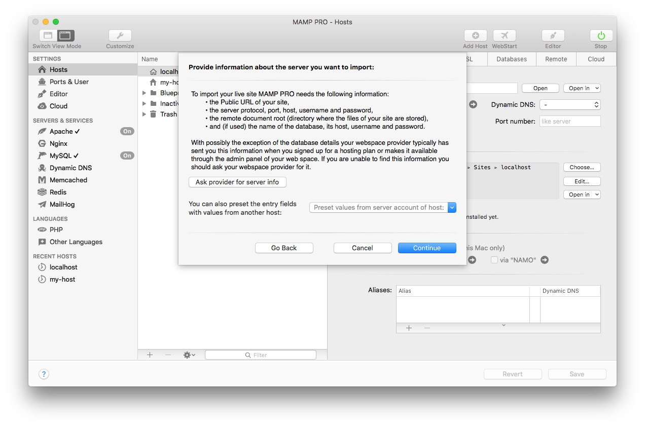 MAMP PRO - Create a new Migration host - Information about remote data