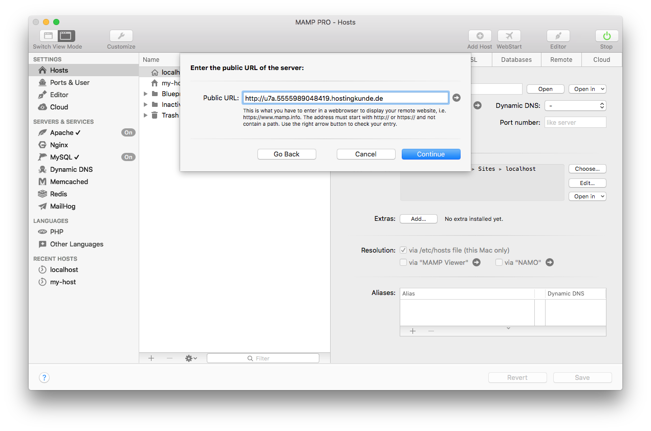 MAMP PRO - Create a new Migration host - Remote data - Public URL