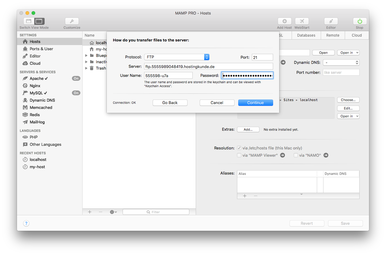 MAMP PRO - Create a new Migration host - Remote data - FTP data