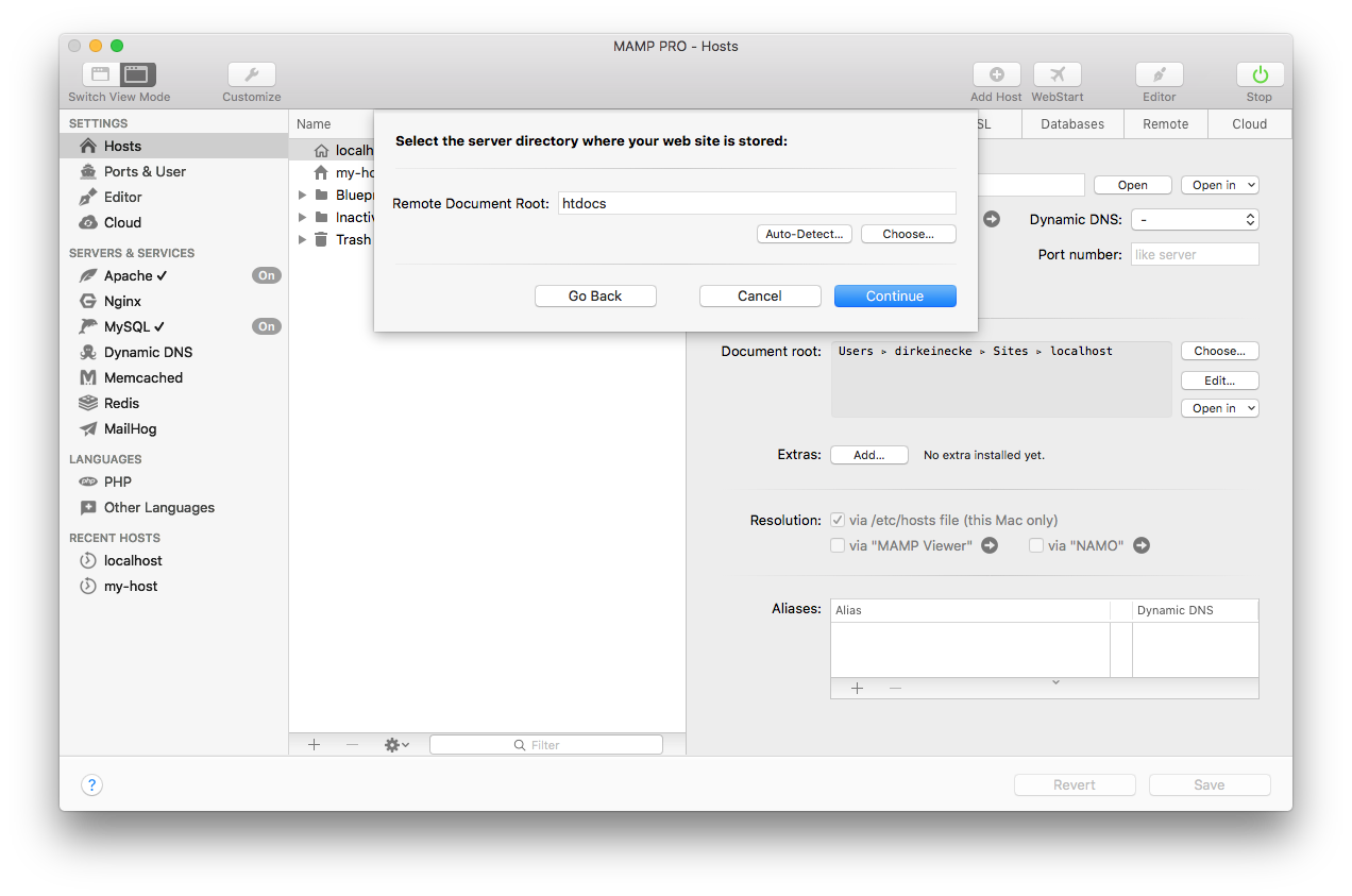 MAMP PRO - Create a new Migration host - Remote data - Document Root