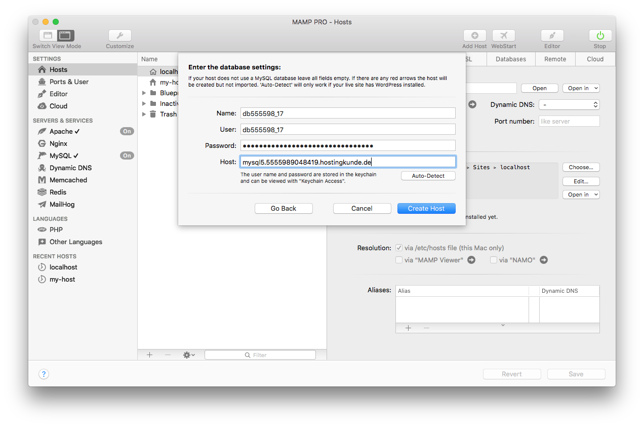 MAMP PRO - Create a new Migration host - Remote data - Database settings