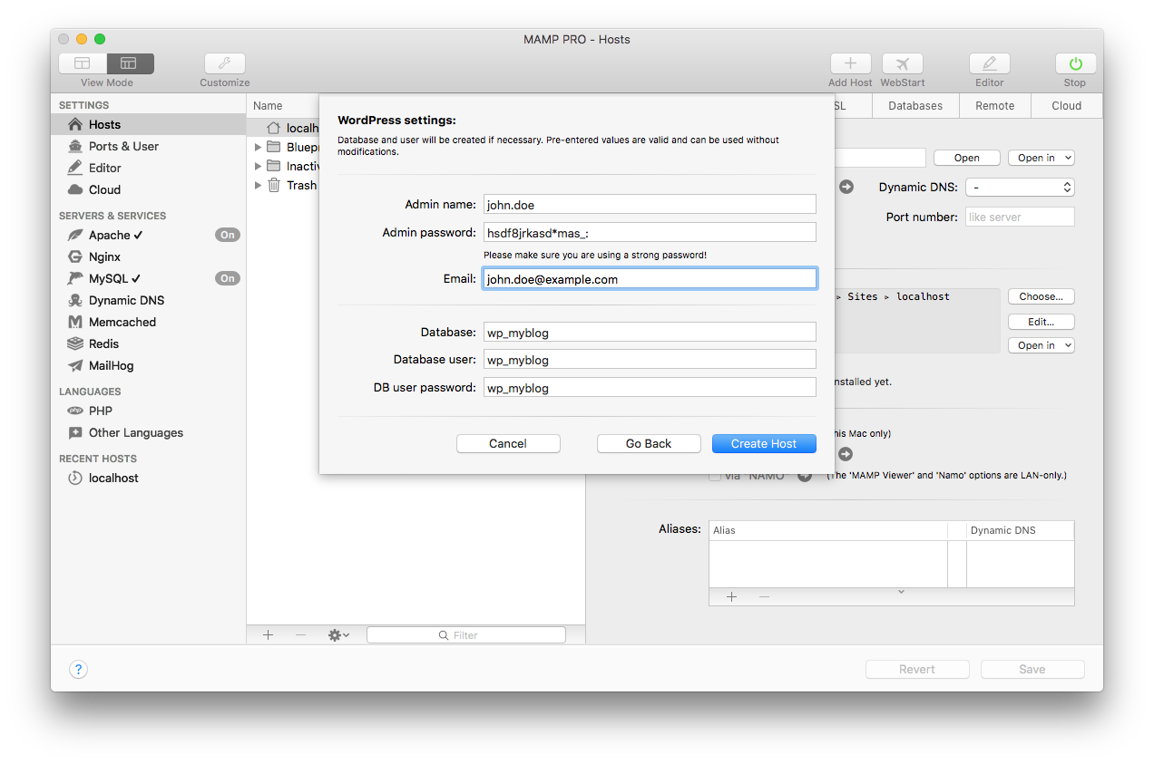 MAMP PRO - Create a new WordPress host