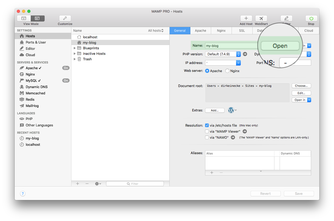 MAMP PRO - Create a new WordPress host - Open WordPress site