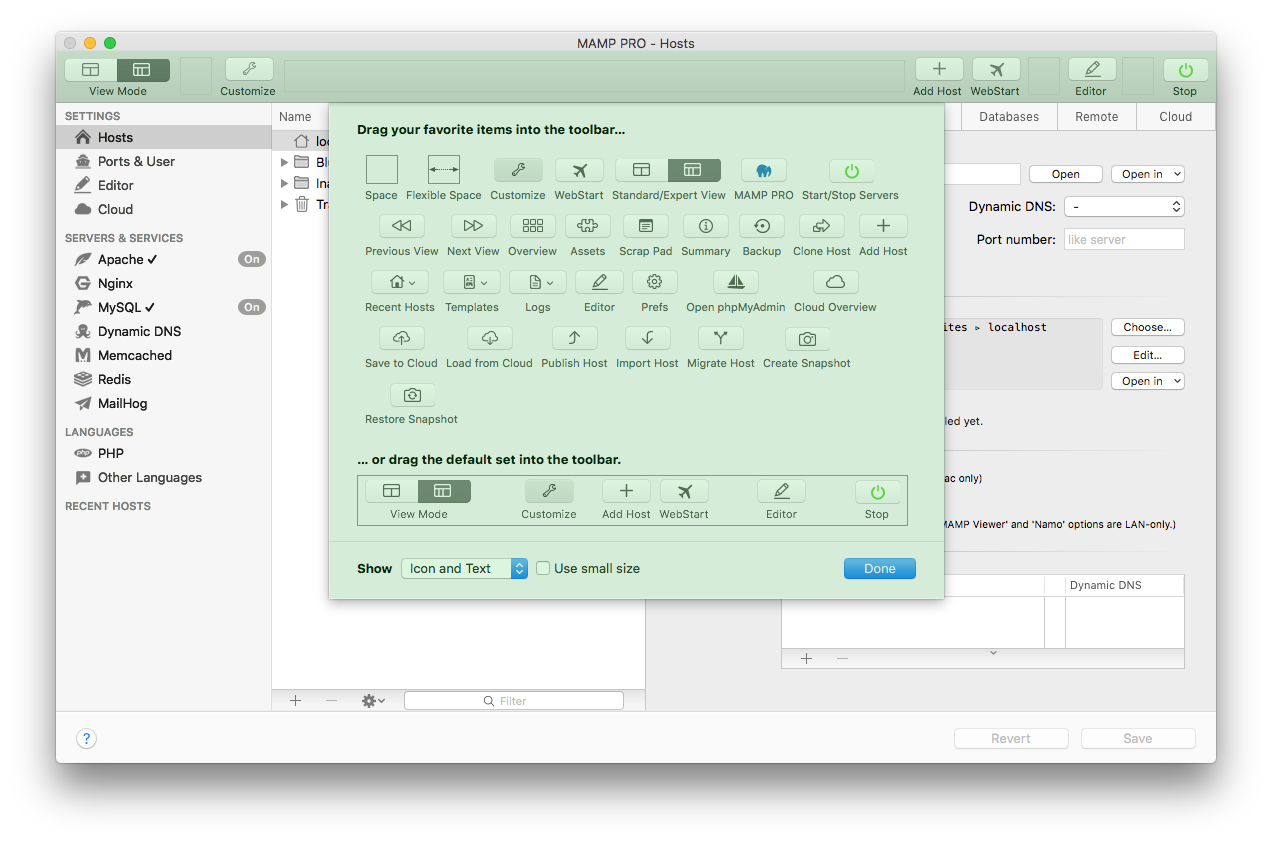 MAMP PRO - Customize - Toolbar