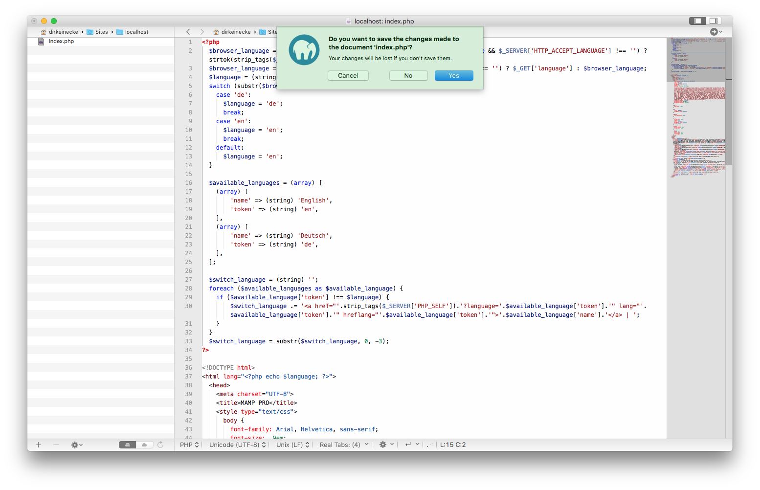 MAMP PRO - Editor - Save document