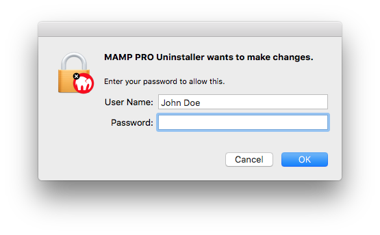 MAMP PRO Uninstaller - Enter your password to allow this