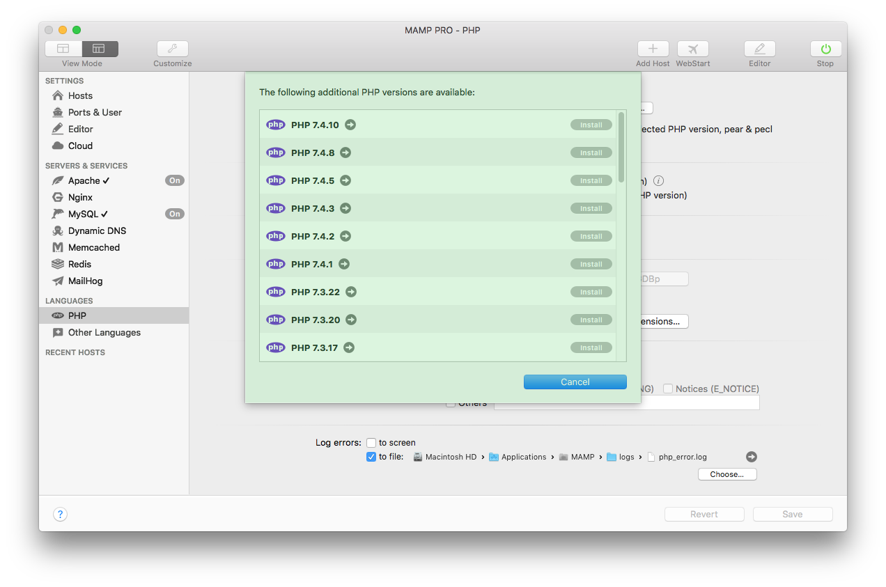 MAMP PRO - Languages - PHP - Add additional PHP version