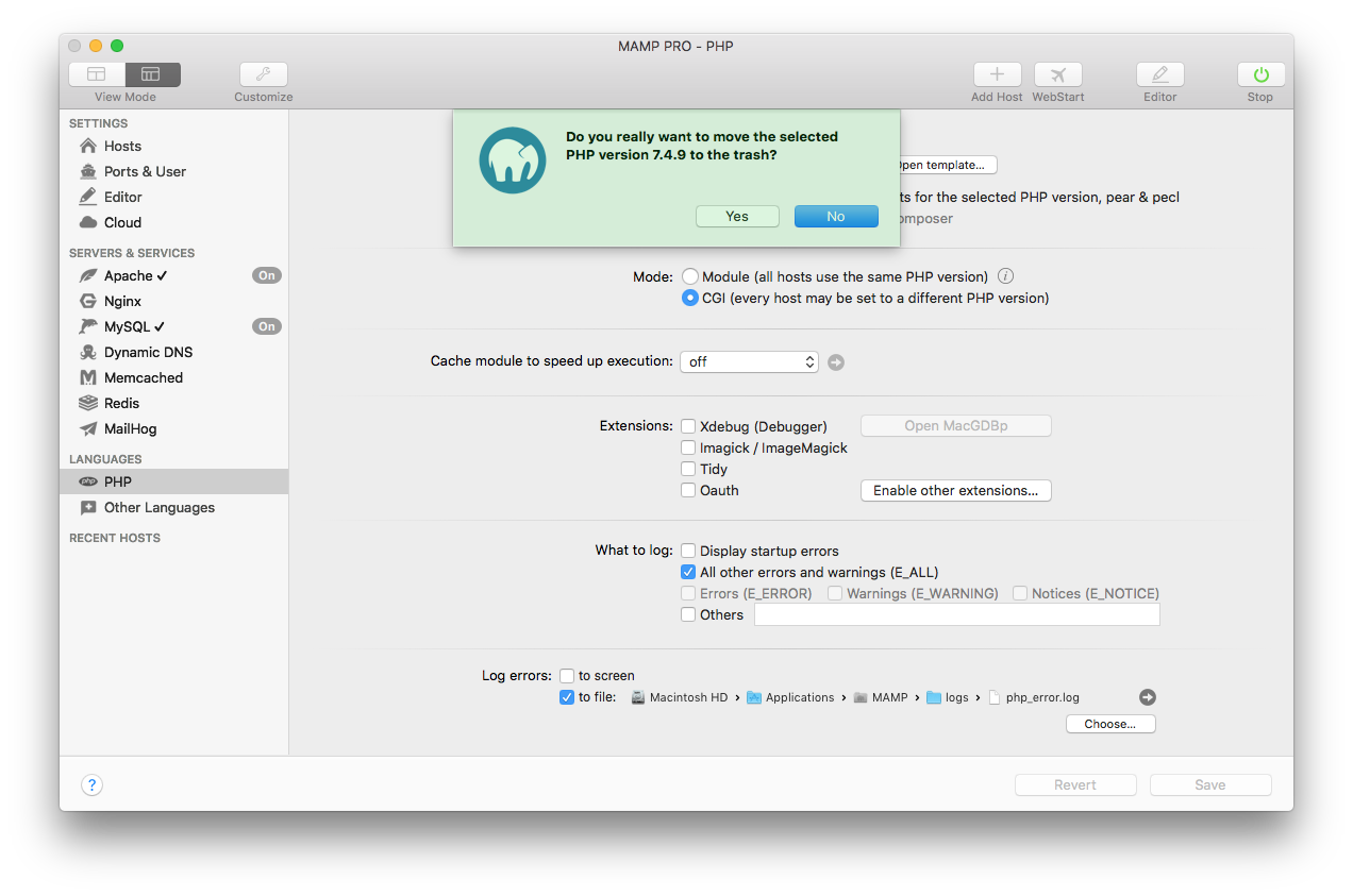 MAMP PRO - Languages - PHP - Remove PHP version