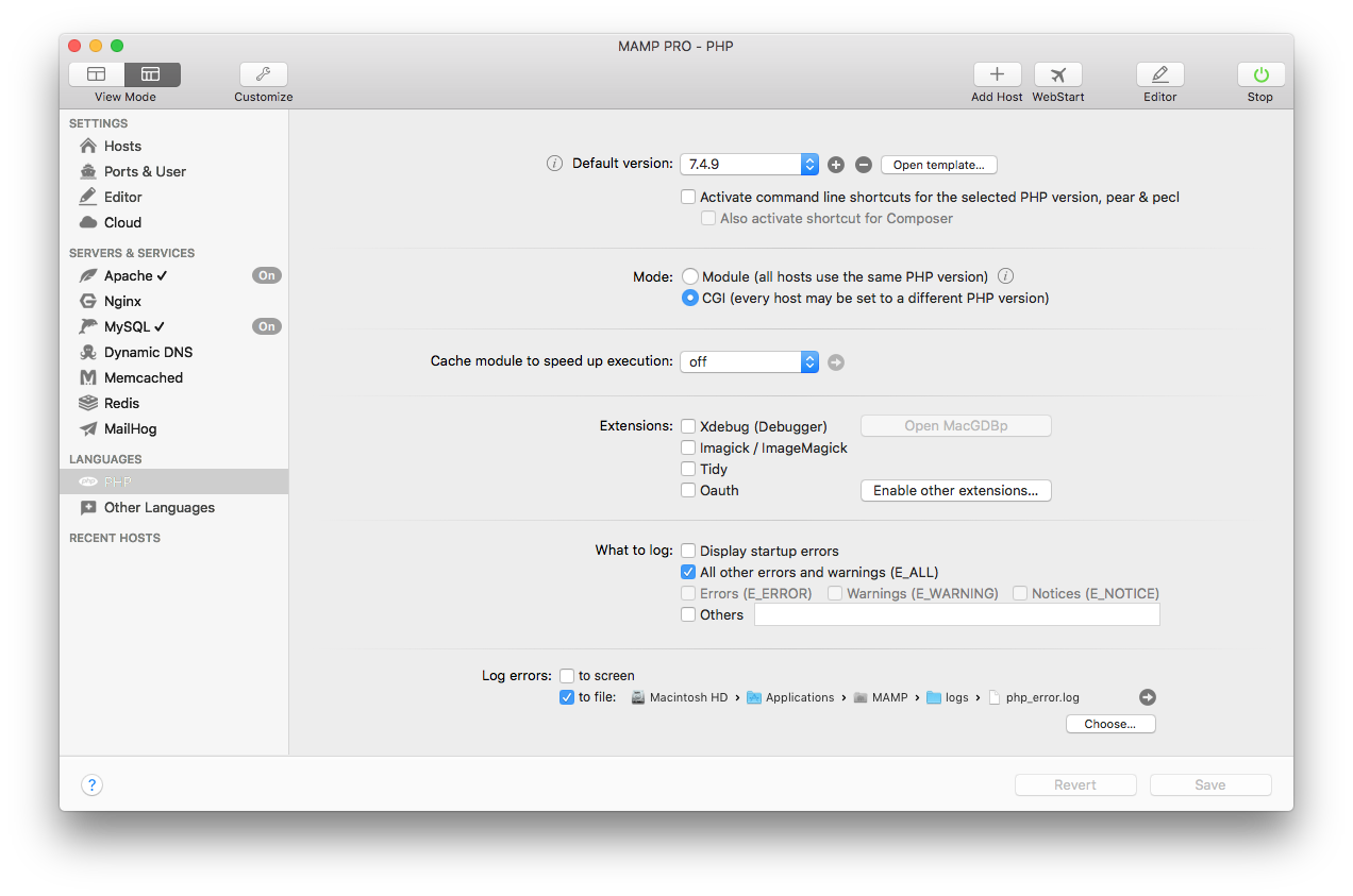 MAMP PRO - Languages - PHP