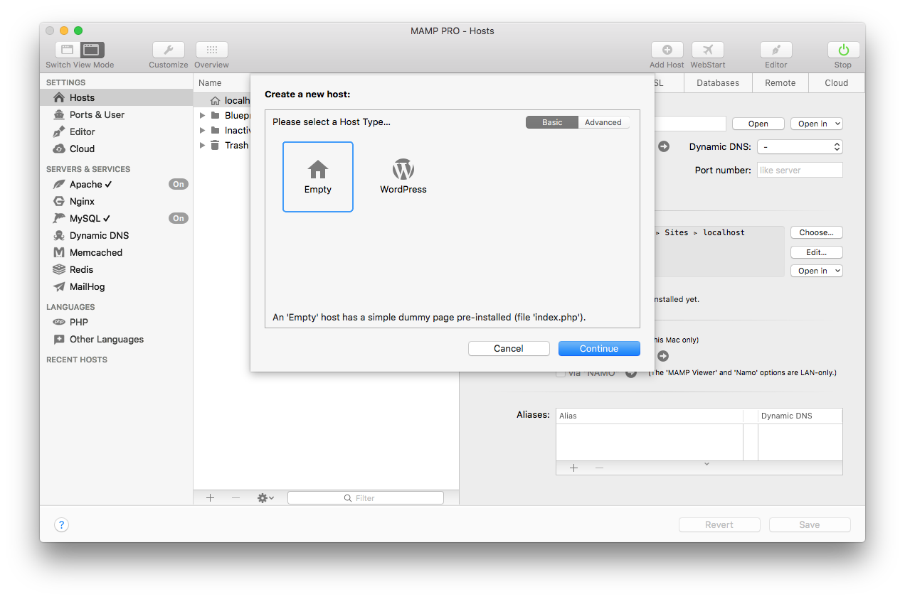 MAMP PRO - Menu - File - New Host…