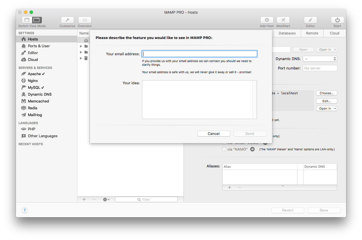 MAMP PRO - Menu - Help - Send a feature request