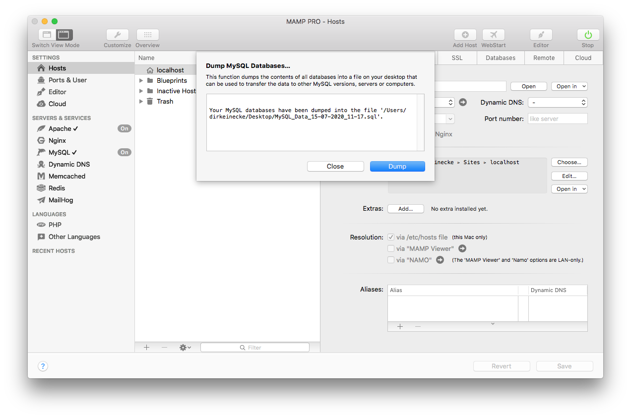 MAMP PRO - Tools - Dump MySQL Databases…