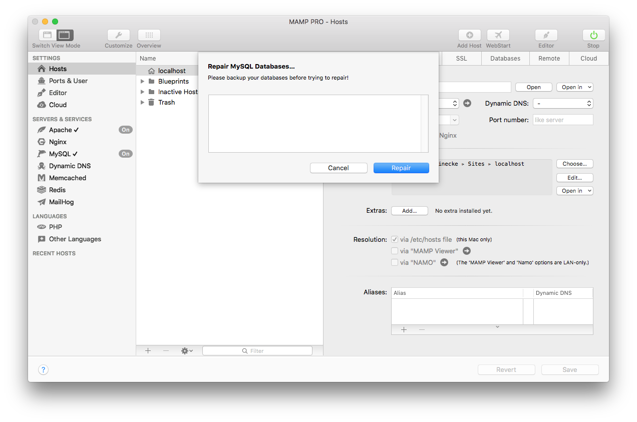 MAMP PRO - Tools - Repair MySQL Databases…